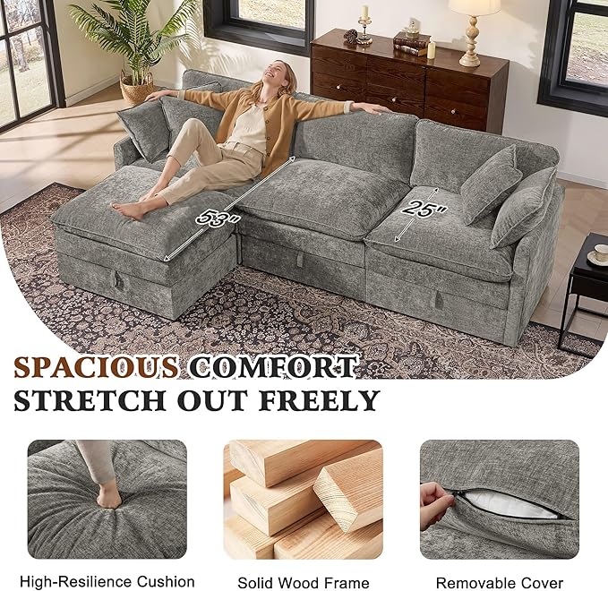 Ihanherry 103" Modular Sectional Sofa with Storage, L Shaped Cloud Couch with Movable Ottomans & Throw Pillows, Chenille Deep Seat Sectional Couches for Living Room, Apartment (Grey)