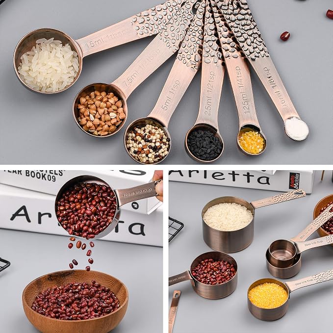 Measuring Cups and Spoons Set, Copper Measuring Cups and Spoons Set, 6 Copper Plated Measure Cups and 7 Metal Measure spoons and 1 Leveler for Kitchen & Baking