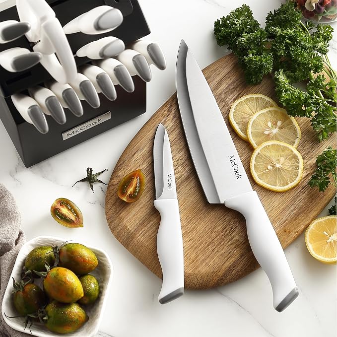 McCook Kitchen Knife Set 24PC Knife Block Set w Built-in Sharpener | German Forged Stainless Steel, Razor Sharp, Anti-Rust,Restaurant Grade,Ergonomic Handles,Full Tang,Gift Box
