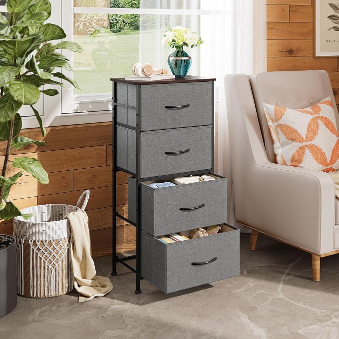 WLIVE Small Dresser Nightstand for Bedroom, 4 Drawers, Dark Grey | 4 vertical fabric drawers, Space-saving tower, Bedroom or closet use, Chest of drawers, Dresser for small spaces
