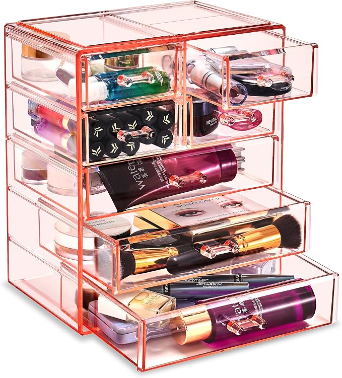 Sorbus Acrylic Makeup Organizer Set, 7-Drawer Vanity & Countertop Cosmetic Storage with Small & Wide Drawers, Pink Makeup Storage for Brushes, Lipsticks, Jewelry – Holiday Gift for Women & Teens