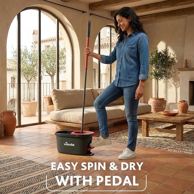 Vileda Turbo Spin Mop and Bucket Set with Foot Pedal Wringer | Telescopic Handle 65-131 cm, Microfibre Mop Head, Machine Washable Refill, 5 Year Guarantee, Frustration-Free Packaging