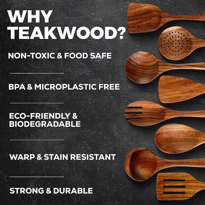 Zulay Kitchen Premium 8-Piece Wooden Spoons - Smooth Finish, Natural Teak Wood, Non-Stick, Handmade