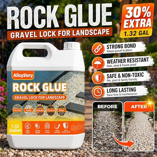 1.32Gallon Rock Glue for Landscaping, Pea Gravel Binder & Stone Adhesive | Strong Mulch Glue & Gravel Stabilizer for Pea Gravel, Pebbles, and Stone for Garden Walkways, Yards, Patios, and Driveways