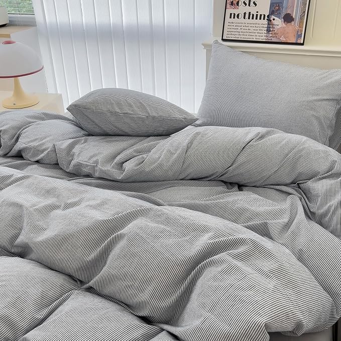 mixinni Grey Striped Duvet Cover Twin Size - 100% Washed Cotton Pinstripe Comforter Cover with Zipper Closure, Lightweight & Breathable, 3 Pieces Minimalist Stripes Pattern Printed Bedding Set