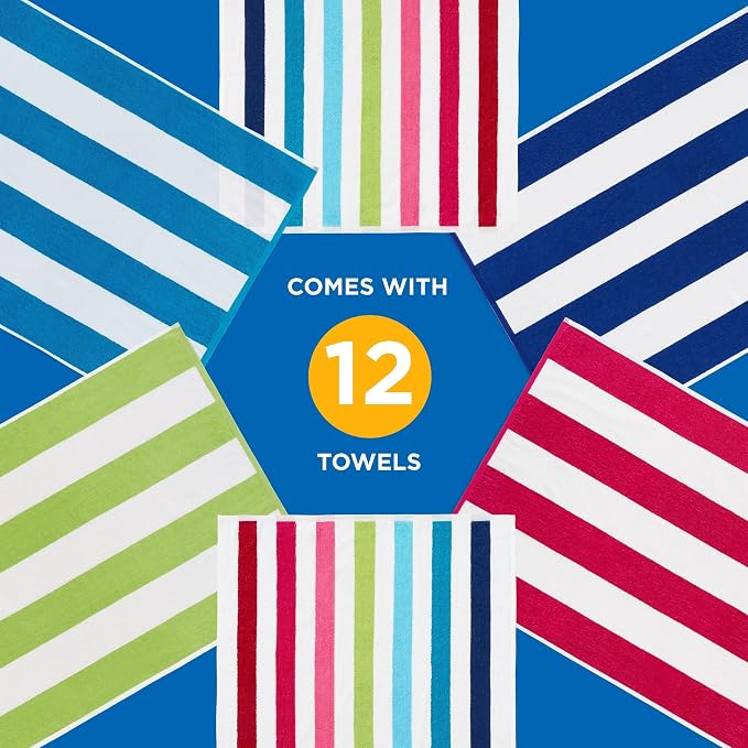 Ben Kaufman Cabana Stripe Beach & Pool Towel - Large Cotton Terry Beach Towel - Soft & Absorbant - Assorted Colors - 30" x 60" - 12 Pack