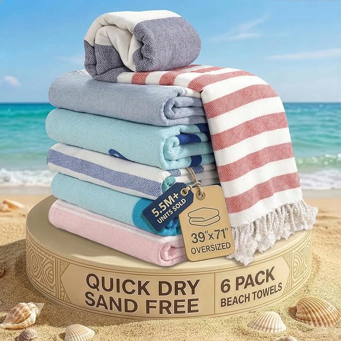 LANE LINEN 6 Pack Beach Towel Set, Oversized, 39"x71" - Coastal Bliss | Reinforced Hems, No Fraying - Fade & Shrink Resistant - Compact & Vacuum-Packed - 6 Pack Coastal Bliss - For Adults