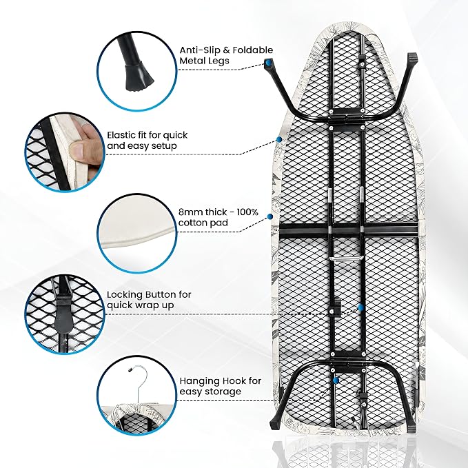 Metal Mesh Panel Tabletop Ironing Board | Foldable Iron Board | Heavy Duty Small Iron Board with Heat Resistant Cover and 100% Cotton 8mm Thicken Pad (Grey Leaves)