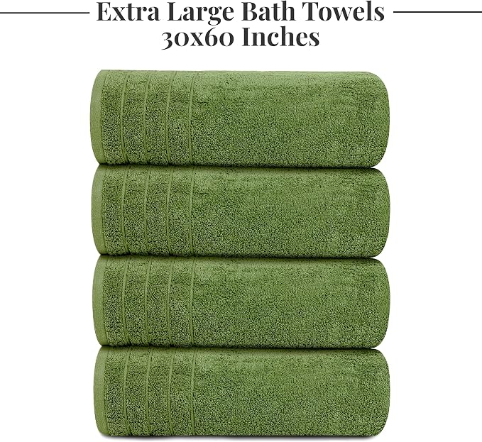 Tens Towels 4 Piece Extra Large Bath Towels 30 x 60 Inches, Green | 100% Cotton, Larger & Lighter Weight, Quicker to Dry, Super Soft and Absorbent, Perfect for Bathroom