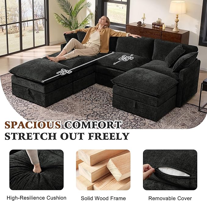 Ihanherry Oversized Sectional Sofa Bed with Storage, 103" 6-Seater Modular Cloud Couch with Movable Ottomans, Chenille Deep Seat Sleeper Couches for Living Room (Black)