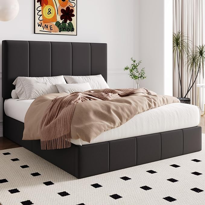 Allewie Queen Size Velvet Lift Up Hydrualic Storage Bed Frame, Black | Vertical Channel Tufted Headboard, Hydrualic Underneath Storage, Upholstered Platform Bed, No Box Spring Needed