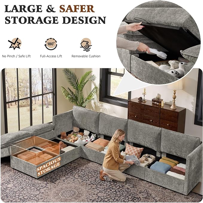 Ihanherry 135” Modular Sectional Sofa with Storage, U Shaped Cloud Couch with Movable Ottomans & 4 Pillows, Chenille Deep Seat Sectional Couches for Living Room, Apartment (Grey)