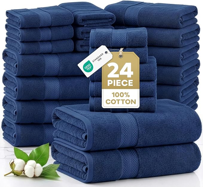 LANE LINEN Bathroom Towel Set 24 Piece Soft Absorbent Quick Dry - Navy | Set Of Towels - Easy-Care, Coordinated Colors, OEKO-TEX Certified, Ring-Spun Durability