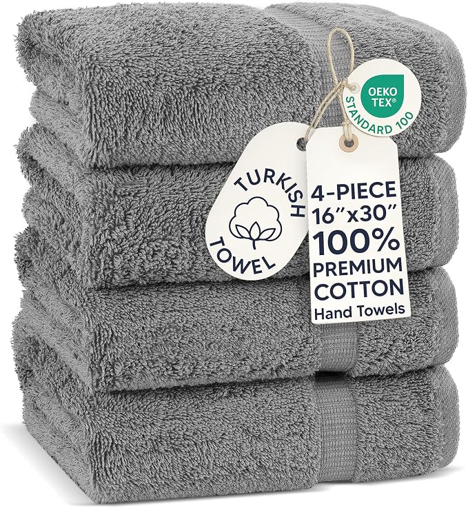 Chakir Turkish Linens 4 Piece Hand Towels, 100% Cotton Turkish Towels for Bathroom, Luxury Soft Absorbent Hand Towel Set, 16 x 30 Inches, Gray