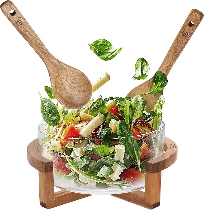 Large Glass Salad Bowl Set with Acacia Wood Stand, Serving Spoon and Fork, 11 Inch Clear Glass Mixing Bowl for Pasta Fruits Veggies, Elegant Dinner Table Centerpiece Serving Dish