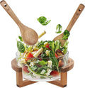 Large Glass Salad Bowl Set with Acacia Wood Stand, Serving Spoon and Fork, 11 Inch Clear Glass Mixing Bowl for Pasta Fruits Veggies, Elegant Dinner Table Centerpiece Serving Dish