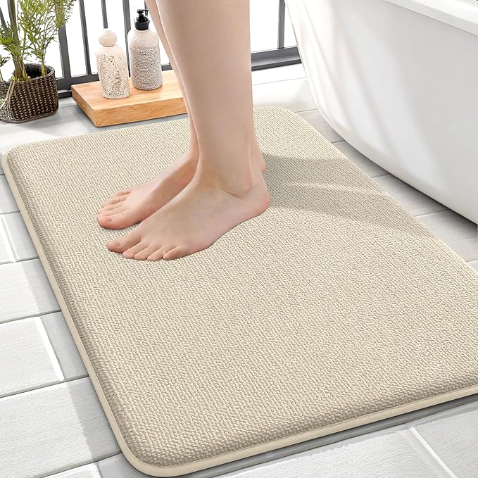 OLANLY Thick Memory Foam Small Bathroom Rug 24x16, Absorbent Bath Mat, Sand | Soft Quick Dry Bath Mat Rugs, Non-Slip, Machine Washable Mat for Bathroom Floor, Tub and Shower, Home Decor Accessories