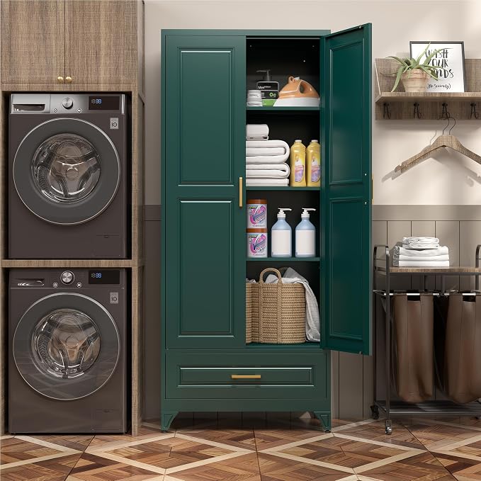 SteeLoong 75" Metal Storage Cabinet with Doors and 3 Adjustable Shelves | Kitchen Pantry Cabinet with Drawer,Green Kitchen Cabinet with 2 Gold Handles,Food Cupboard for Livingroom,Pantry, Bathroom