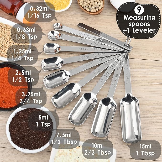 Measuring Cups and Spoons Set, 18/8 Stainless Steel Measuring Cups and Spoons Set, Metric & US Measuring Tools Set, Heavy Duty 7 Cups and 9 Spoons 1 Leveler for Baking and Kitchen