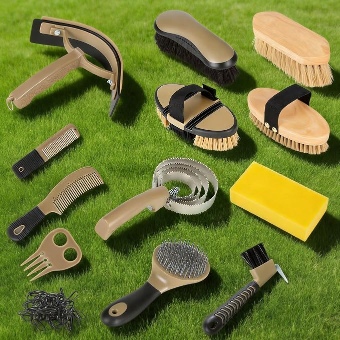 Horse Grooming Kit, 14-in-1 Professional Horse Brush Supplies Set for Grooming & Care, with Horse Brushes, Curry Comb, Hoof Pick & Waterproof Storage Tote Bag for Shining, Detangling, Massaging(Khaki)