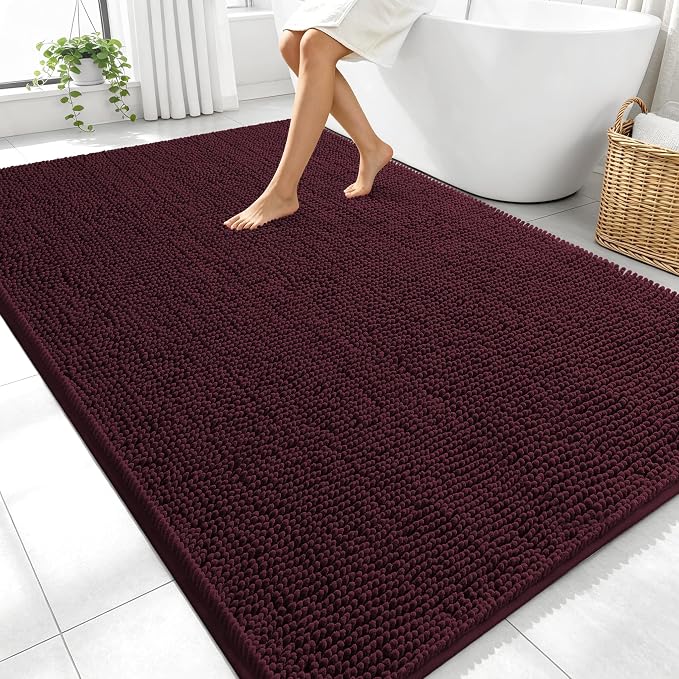 OLANLY Large Bathroom Rugs 70x46, Extra Soft Absorbent Chenille Bath Rugs, Rubber Backing Quick Dry, Machine Washable Bath Mats for Bathroom Floor, Tub and Shower, Home Decor Accessories, Black Cherry
