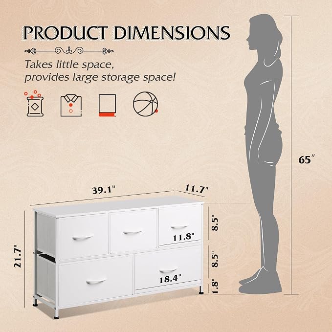 WLIVE Wide Dresser for Bedroom, 5 Drawer Chest of Drawers, White | 5 roomy fabric drawers, Wide storage design, Bedroom or closet use, Sturdy steel frame, Smooth wood tabletop