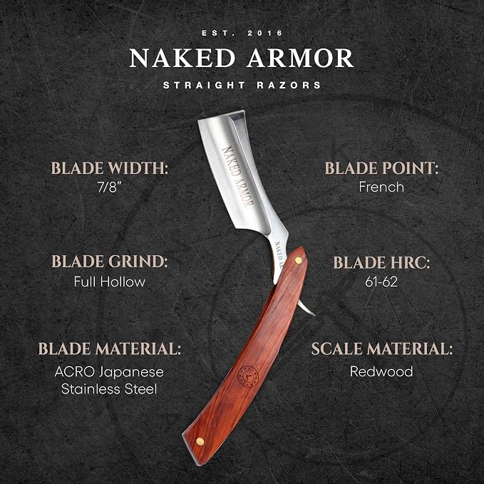 Naked Armor Thor Straight Razor Kit, Japanese Stainless Steel Shaving Set | 7-Pc Shave Ready Wet Shaving Kit, 7/8" Barber Straight Edge Razor Set, Strop, Paste, Brush, Soap, Sheath, Box, Gifts for Men
