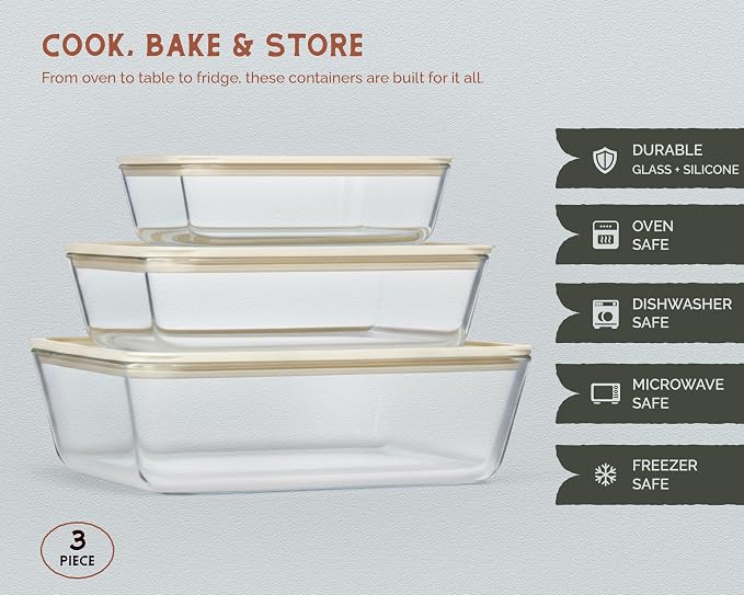 Non-Toxic Glass Storage Container Set, Borosilicate Glass, Tempered Glass Lids, Baking Pan, Airtight, Vented, Microwave, Oven & Dishwasher Safe, (Rectangular, Set of 3)
