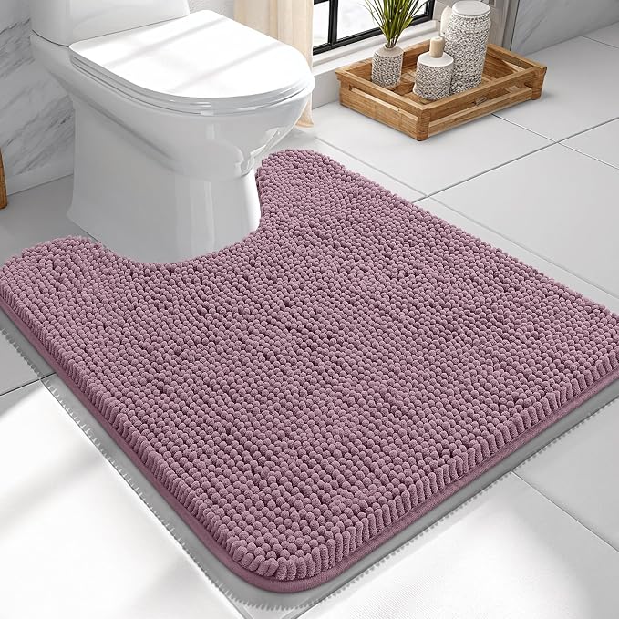 OLANLY Toilet Rugs U-Shaped 24x24, Extra Soft Absorbent Chenille Contour Bathroom Rugs for Toilet, Dry Quickly, Machine Washable, Non-Slip Bath Mat, Deep Plum