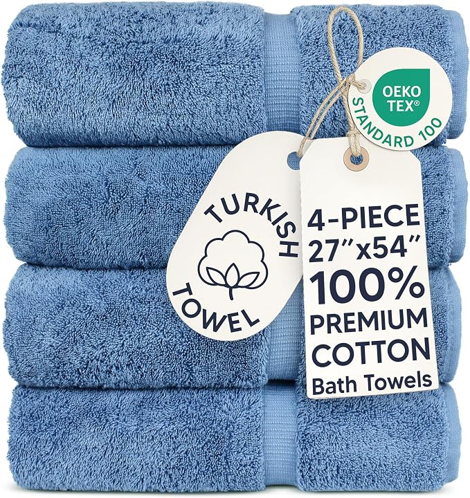 Chakir Turkish Linens 4 Piece Large Bath Towels, 100% Cotton Turkish Towels for Bathroom, Luxury Soft Absorbent Bath Towel Set, 27 x 54 Inches, Wedgewood