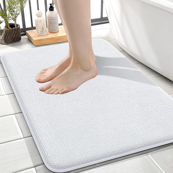 OLANLY Memory Foam Small Bathroom Rugs 24x16, Absorbent Bath Mat, White | Soft Quick Dry Bath Mat Rugs, Non-Slip, Machine Washable Mat for Bathroom Floor, Tub and Shower, Home Decor Accessories