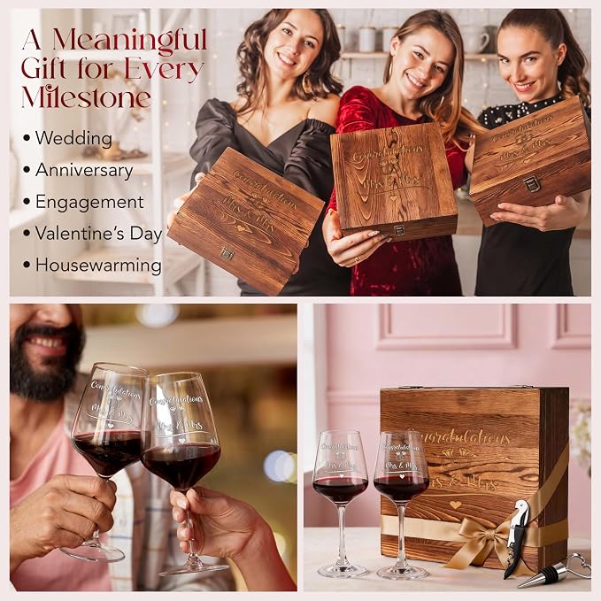 Congrats Mrs. & Mrs. Wedding Wine Glass Set, Lesbian, Wooden Box | Engraved Wine Glasses, Set Of 2, Congratulations Mrs And Mrs, Lesbian Wedding, Wooden Keepsake Box, Bottle Stopper, Corkscrew