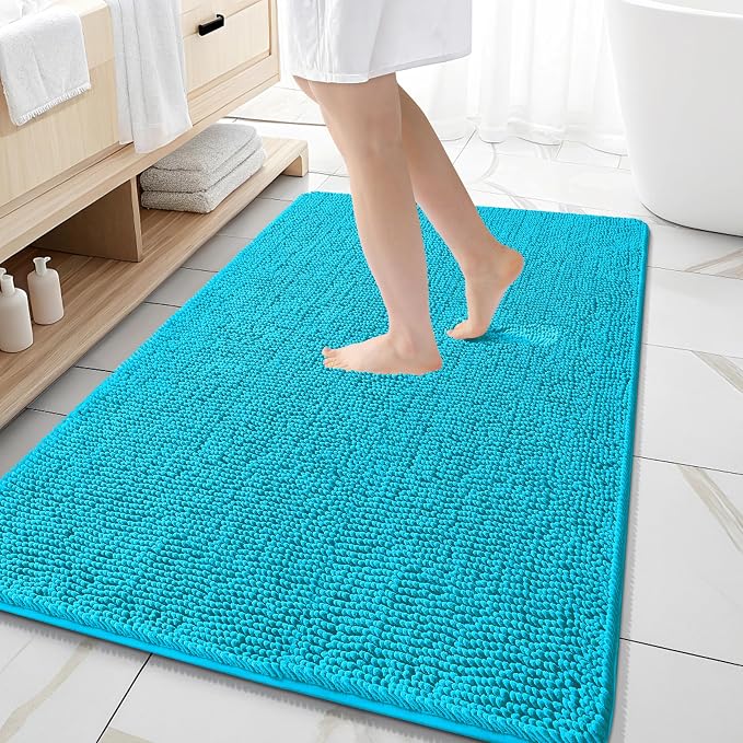 OLANLY Large Bathroom Rugs 59x35, Extra Soft Absorbent Chenille Bath Rugs, Rubber Backing Quick Dry, Machine Washable Bath Mats for Bathroom Floor, Tub and Shower, Home Decor Accessories, Aqua Sky