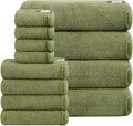 SEMAXE Bath Towel Set, 12 Piece Cotton Towel Set for Bathroom, More Towels for Family Use, Quick Dry with Hanging Loops, Easy Care, Green