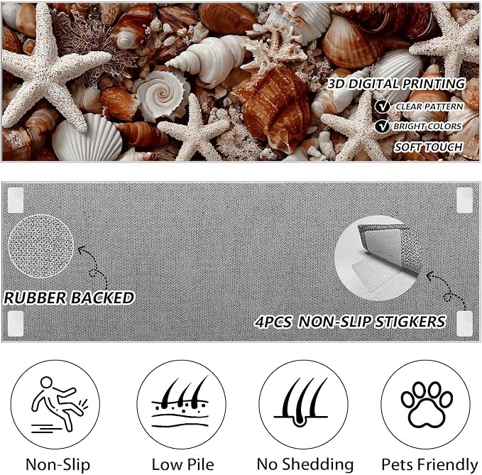 Starfish Conch Seashell Extra Long Hallway Runner Rug 3x12 - Beach Anti Slip Washable Runners Rug for Entrance Corridor Kitchen Living Room, Retro Seaside Soft Low Pile Runner Rugs