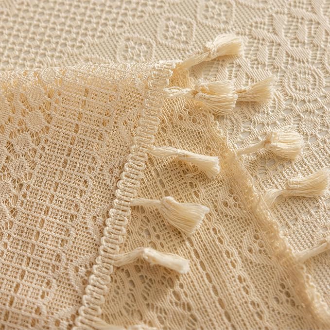 Sutuo Home Beige Boho Lace Curtains 72 inches Long for Nursery Bedroom, Sheer Curtains Privacy Crochet Light Filtering Vintage Tassels Bohemian Window Treatments Geometry Rod Pocket, 2 Panels 50" W