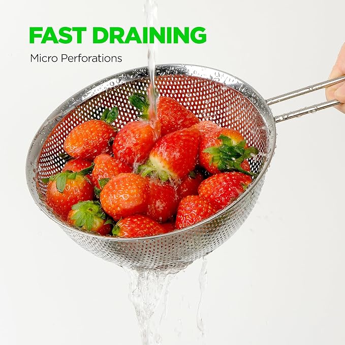 Premium 18/8 304 Stainless Steel Set of 3 – Micro-Perforated Strainer with Long Handle, Self-Draining Base for Pasta Rice Vegetables, 18/8 304 Heavy Duty (1.5, 2.5, 4 Qt) Made in Korea