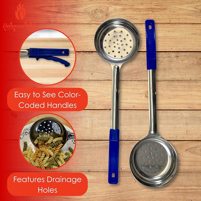 8 oz Slotted Stainless Steel Portion Control Ladle Spoon | Commercial-Grade Spoodle for Portioning & Draining - Pasta, Veggies & Buffet Service. Color-Coded by Size. Dishwasher Safe.