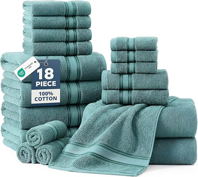 LANE LINEN 100% Cotton Bath Towel Set of 18 – 6 Bath, 6 Hand Towel & 6 Washcloths, Zero Twist, Absorbent Softness for Daily Use, Perfect for Airbnb, Spa & Hotel, Machine Washable – Teal