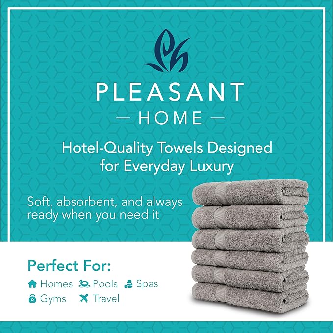 Pleasant Home Bath Towels Set of 6 (24” x 50”) 100% Cotton, 515 GSM | Lightweight, Soft & Highly Absorbent Luxury Towels for Bathroom | for Gym, Pool & Spa | 6 Pack, Gray
