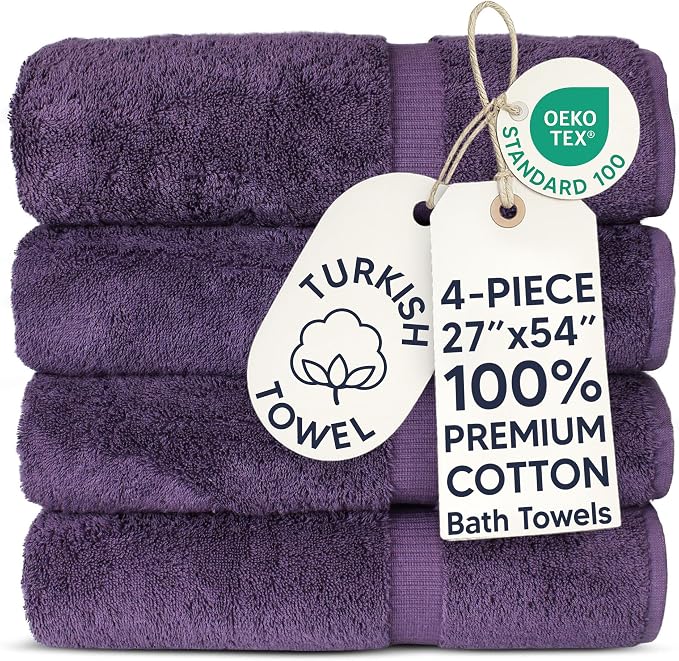 Chakir Turkish Linens 4 Piece Large Bath Towels, 100% Cotton Turkish Towels for Bathroom, Luxury Soft Absorbent Bath Towel Set, 27 x 54 Inches, Plum