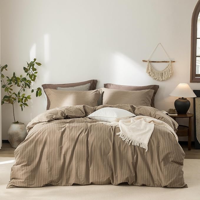 Stripe Duvet Cover Queen Size 90inch x 90inch,100% Washed Cotton Pinstripe Duvet Cover with Zipper Closure and 2 Pillowcases, Color of Light Camel-Black Stripe