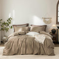 Stripe Duvet Cover King Size 104inch x 90inch,100% Washed Cotton Pinstripe Duvet Cover with Zipper Closure and 2 Pillowcases, Color of Light Camel-Black Stripe