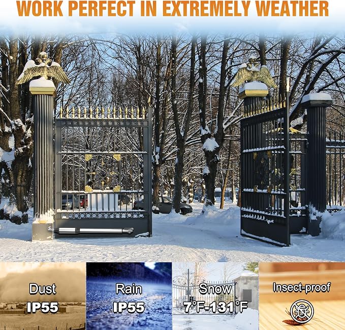 JUJIANG C01 Automatic Gate Opener with Remote Complete Kit for Swing Gate Up to 440lb 12FT per Arm, Electric Gate Openers Light Duty Dual Swing Gate Openers Automatic Gate Motor 40W AC Powered