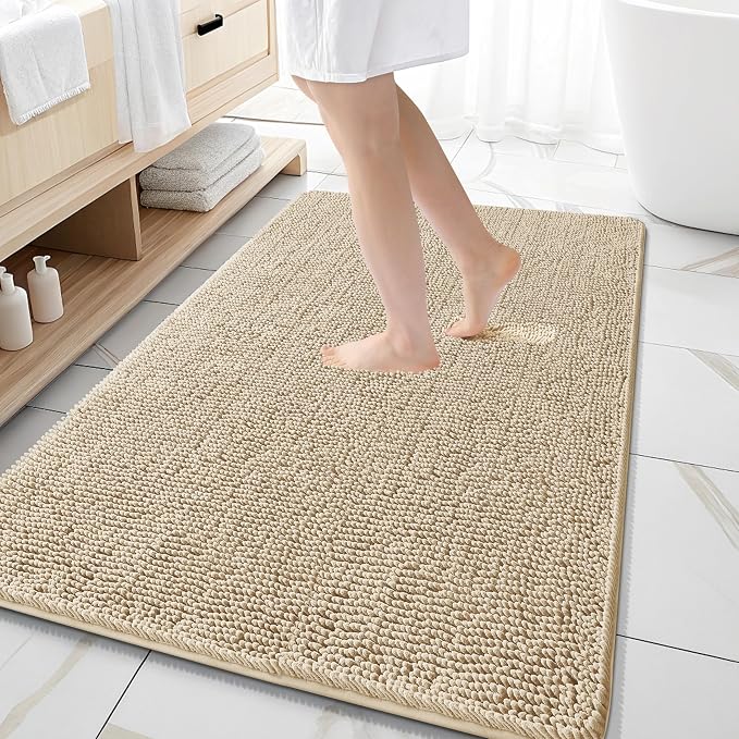 OLANLY Large Bathroom Rugs 59x35, Extra Soft Absorbent Chenille Bath Rugs, Rubber Backing Quick Dry, Machine Washable Bath Mats for Bathroom Floor, Tub and Shower, Home Decor Accessories, Beige