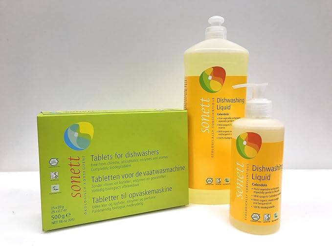 Sonett Organic Calendula Dishwashing Liquid Soap (34 and 10 fl oz) and Dishwasher Tablets (17 fl oz) Set of 3