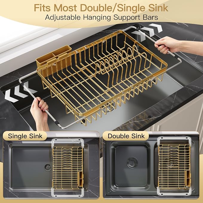JASIWAY Gold Dish Drying Rack Over the Sink with Utensil Holder | Expandable Stainless Steel Dish Driainers for Small Kitchen, Counter Space Saving, Fast Drain, Rust Resistant, For Apartment
