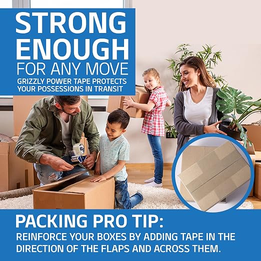 Grizzly Power Clear Packing Tape (12 Rolls) | Heavy Duty Packing Tape (2 Inch x 65 Yards) | 2.8mil Thick Strong Adhesive for Moving Boxes, Shipping Cartons, Office Use, Storage & Wrapping (780 Yards)