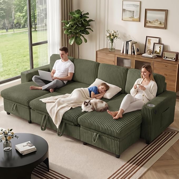 U-Shaped Couch with Pull-Out Bed. Sectional Sleeper Sofa, Green | Hidden Storage, USB & Type-C Port, Cup Holders, Cloud Corduroy, Modular Design for Living Room, Apartment, Easy Assembly