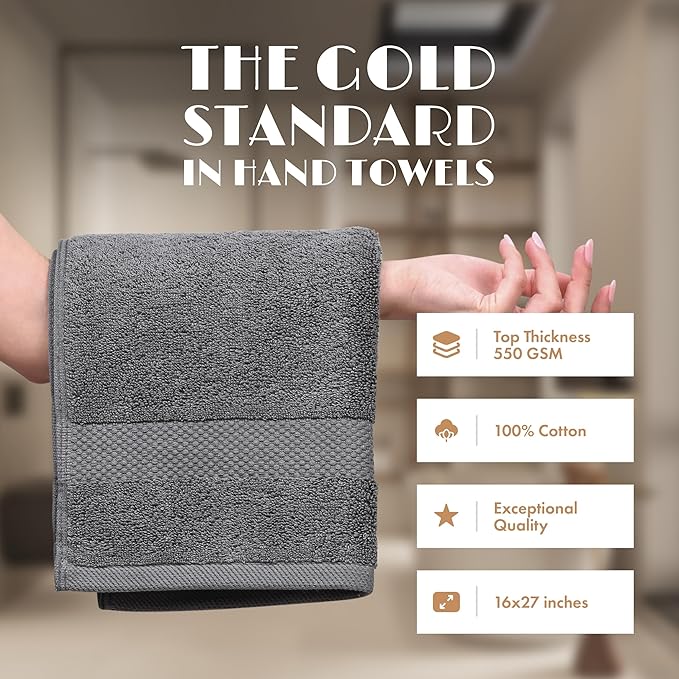 White Classic Wealuxe Grey Hand Towels for Bathroom 12 Pack, Cotton Hand Towel Bulk for Gym, Spa and Salon, Soft Extra Absorbent Quick Dry 16x27 Inch